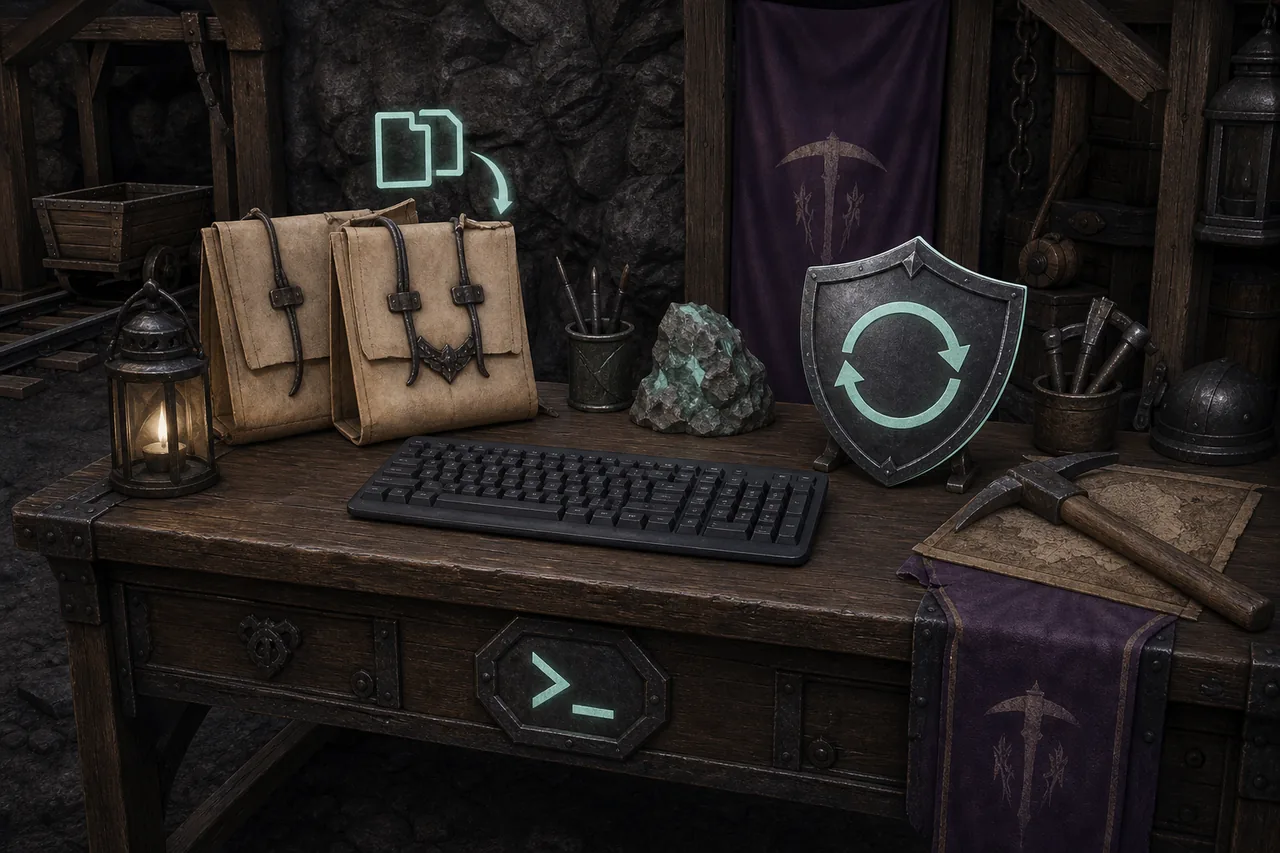 Editorial illustration of a keyboard, copied save folders, and a reversible-test shield in a Gothic mine workspace
