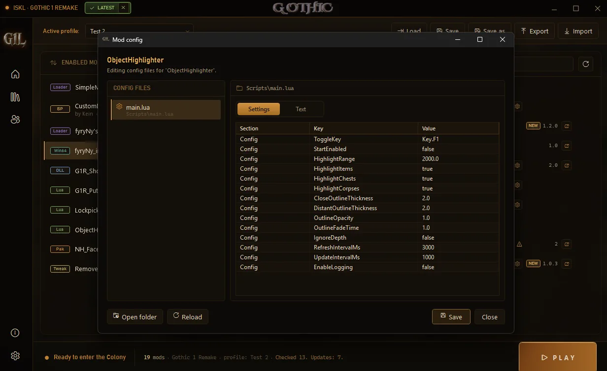 Official G1L configuration view showing a mod configuration file and editable settings