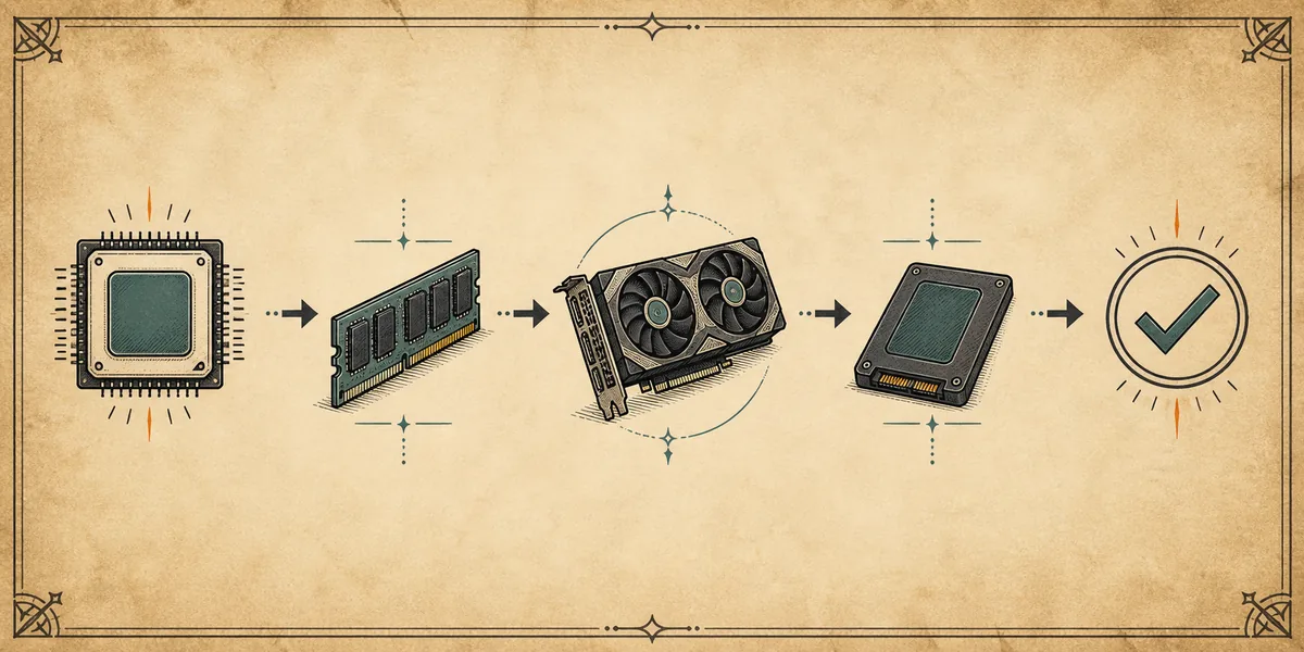Editorial flow of CPU, RAM, graphics card, SSD, and a final compatibility check