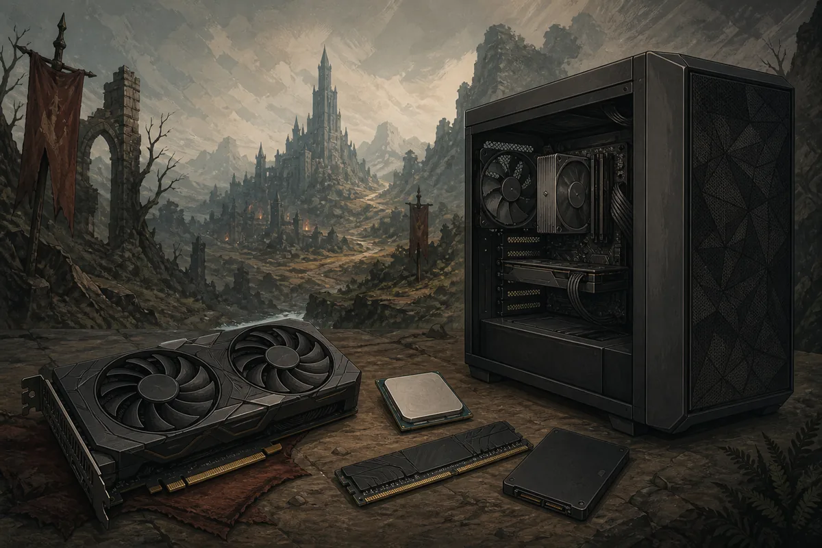 Editorial illustration connecting a Gothic-style landscape with a gaming PC and separate hardware components