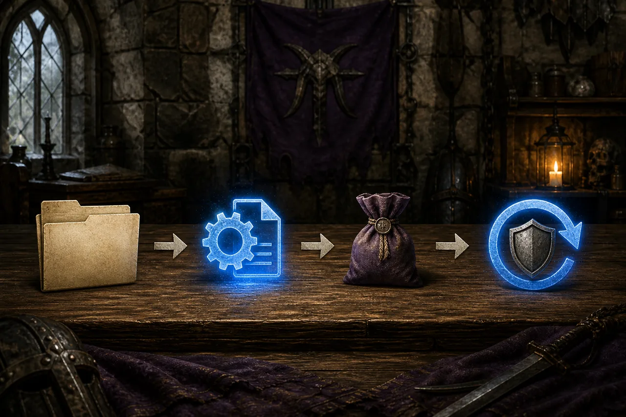 Illustrative flow from a clean Gothic game folder through a loader and one test mod to a protected rollback